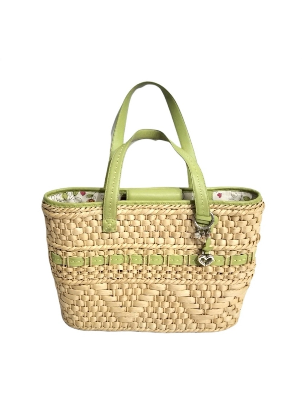 Brighton Woven Wicker Straw Tote Bag Green Leather with Charms